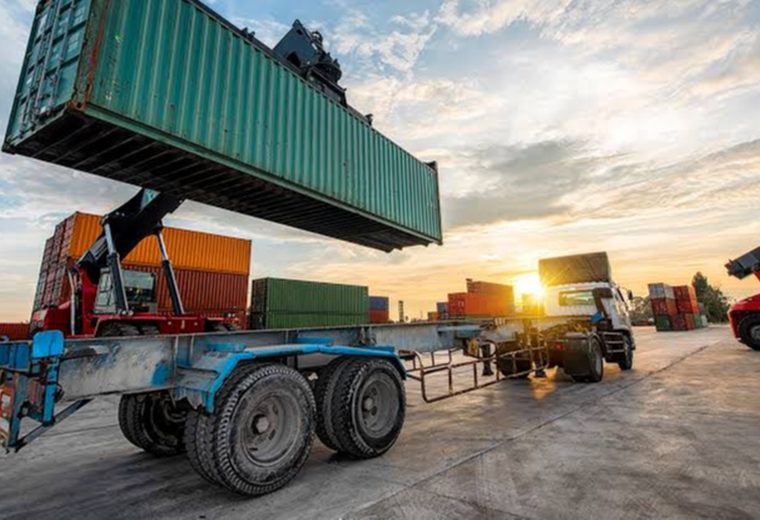 Containers being handled at a freight terminal